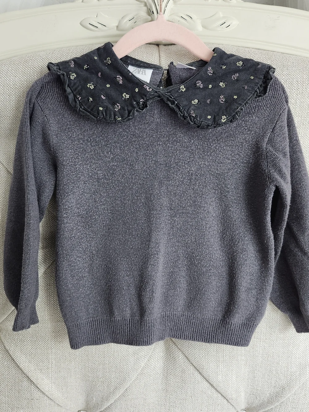Zara Dark Gray Knit Sweater with Floral Peter Pan Collar